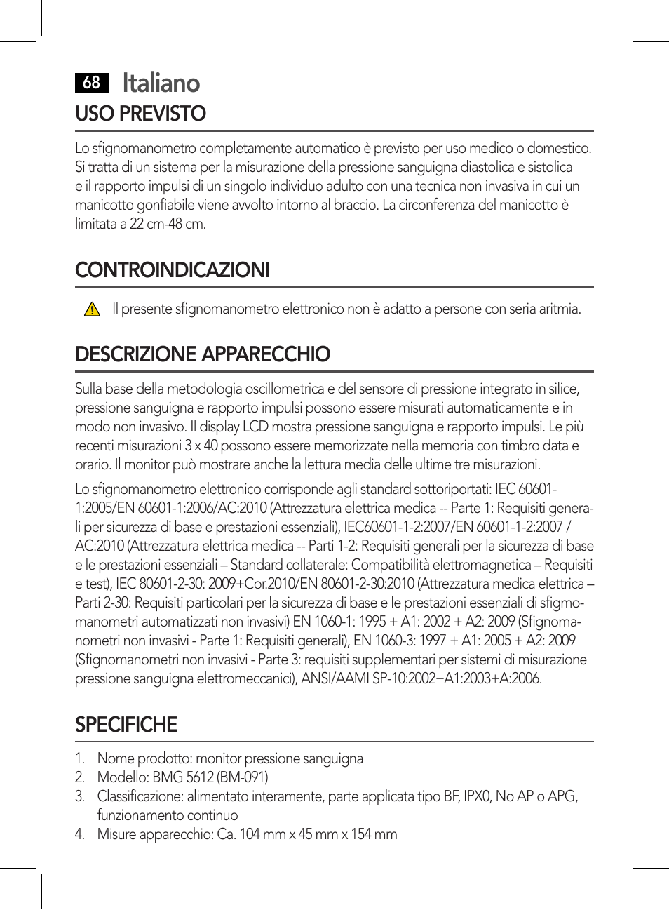 Italiano, Uso previsto, Controindicazioni | Descrizione apparecchio, Specifiche | AEG BMG 5612 User Manual | Page 68 / 166
