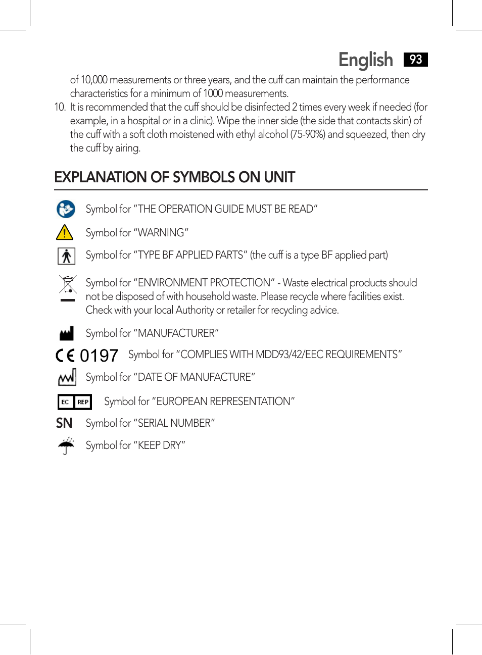 Explanation of symbols on unit, English | AEG BMG 5612 User Manual | Page 93 / 166