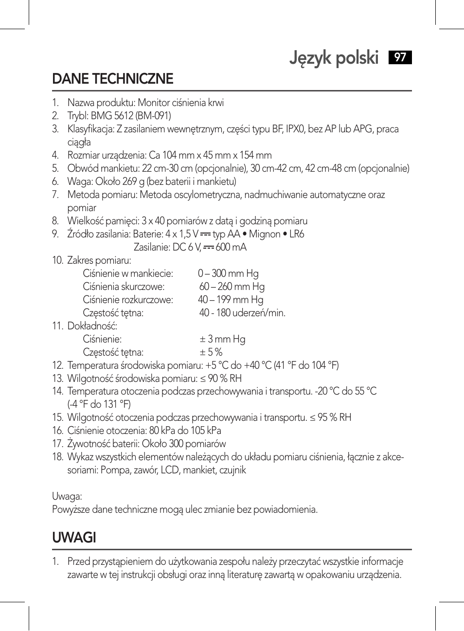 Dane techniczne uwagi, Język polski, Dane techniczne | Uwagi | AEG BMG 5612 User Manual | Page 97 / 166