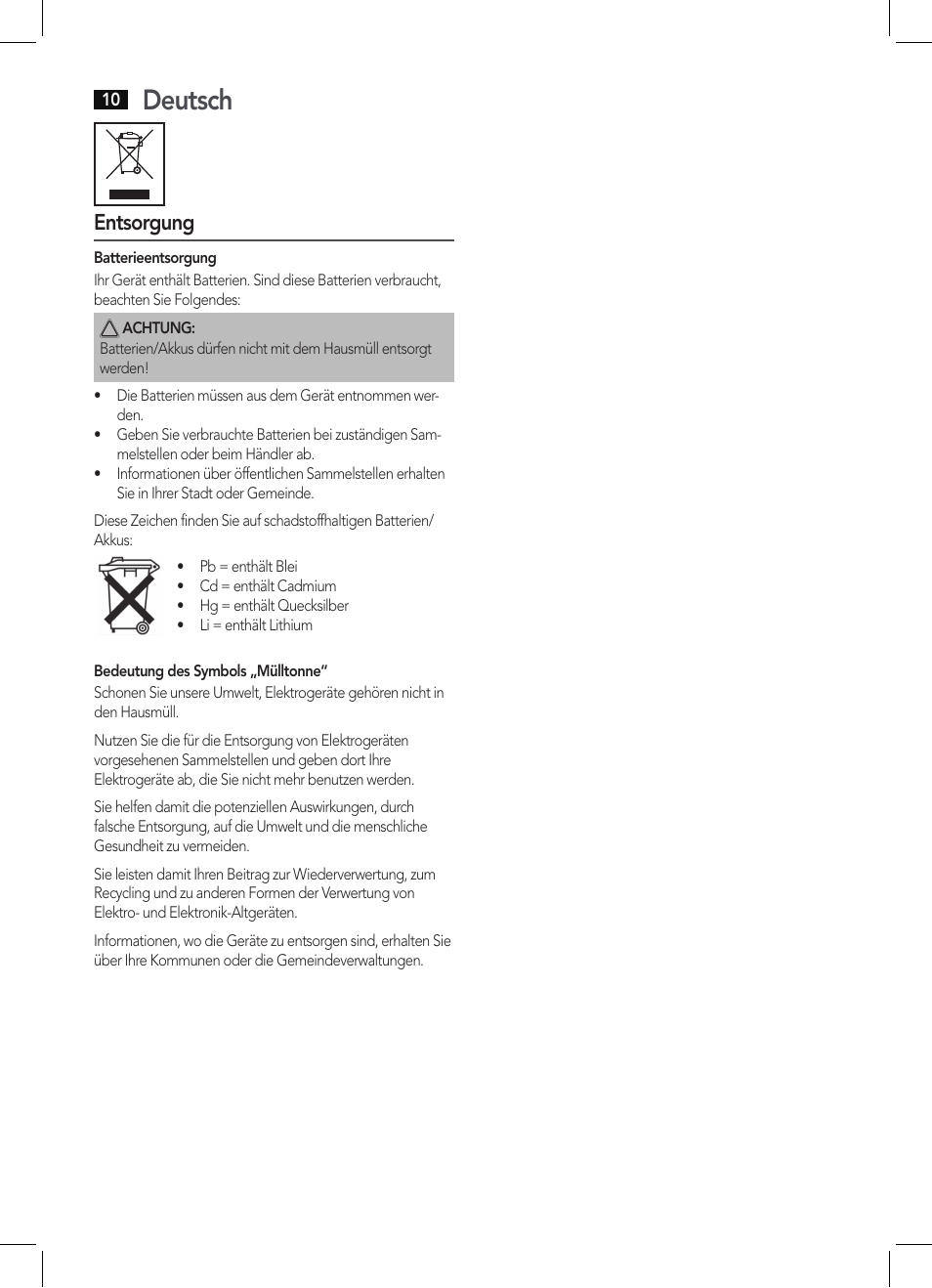 Deutsch, Entsorgung | AEG PW 5644 FA User Manual | Page 10 / 70