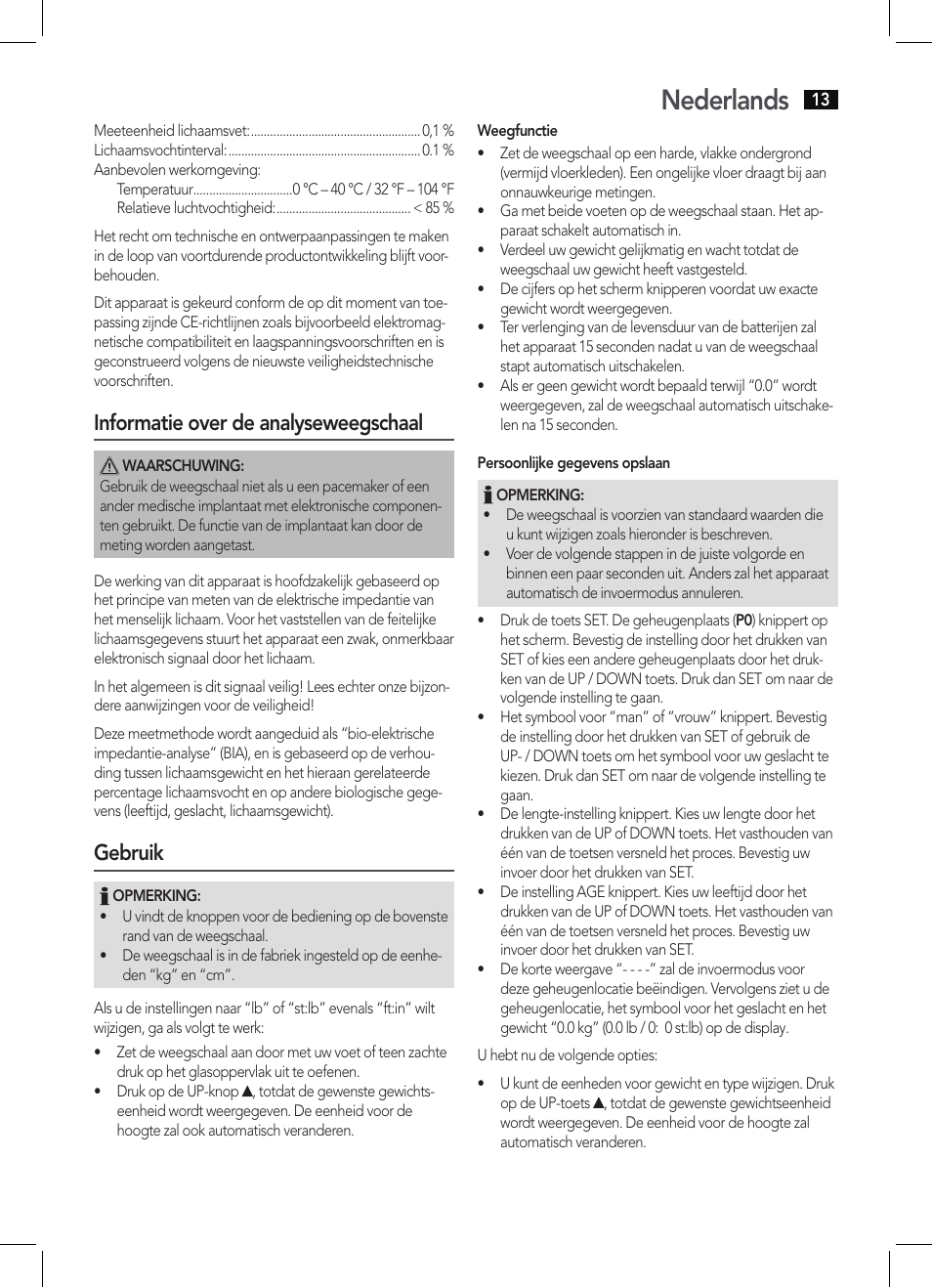 Nederlands, Informatie over de analyseweegschaal, Gebruik | AEG PW 5644 FA User Manual | Page 13 / 70