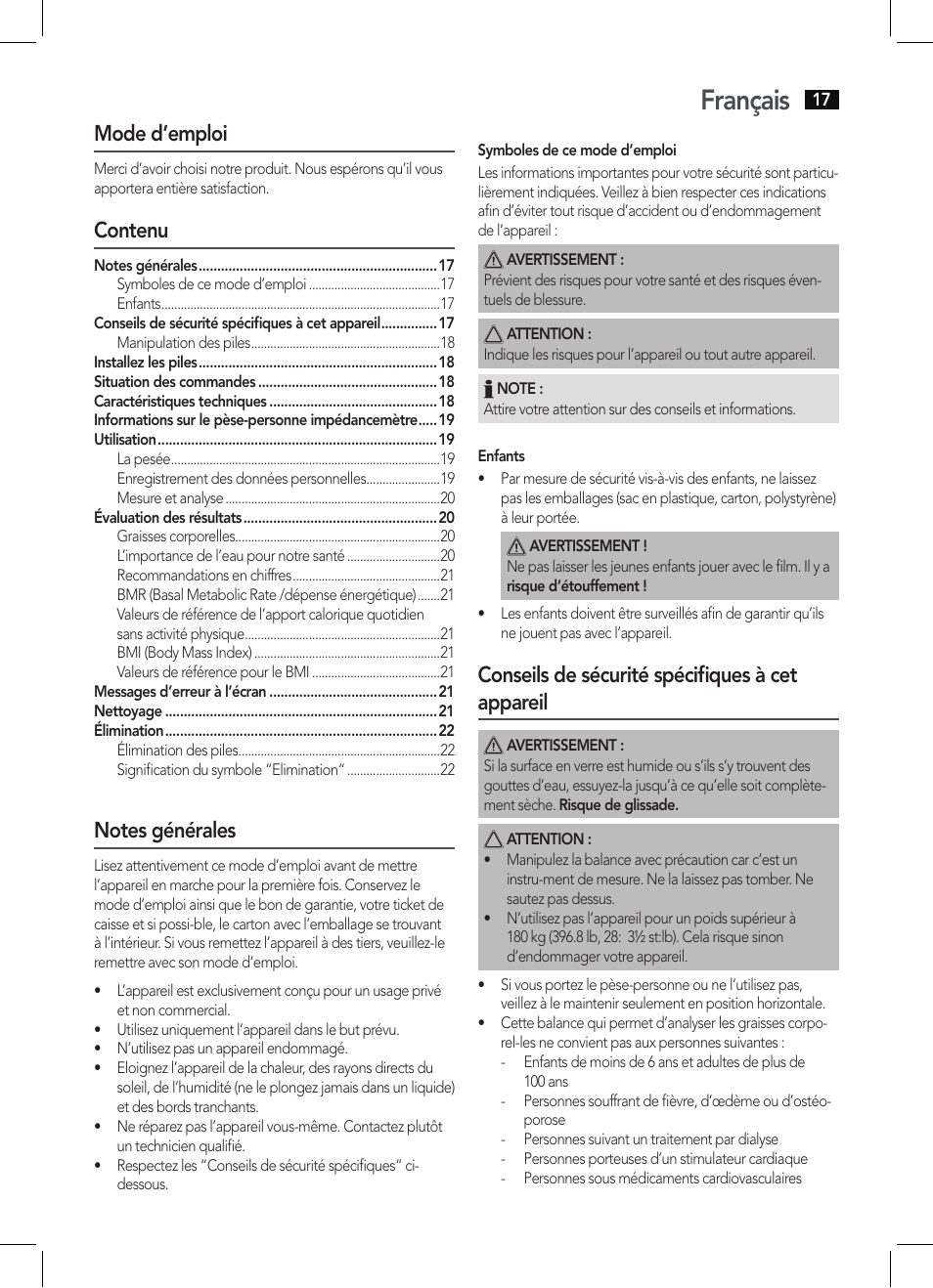 Français, Mode d’emploi, Contenu | Conseils de sécurité spécifiques à cet appareil | AEG PW 5644 FA User Manual | Page 17 / 70
