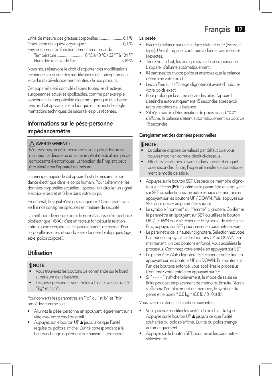 Français, Informations sur le pèse-personne impédancemètre, Utilisation | AEG PW 5644 FA User Manual | Page 19 / 70