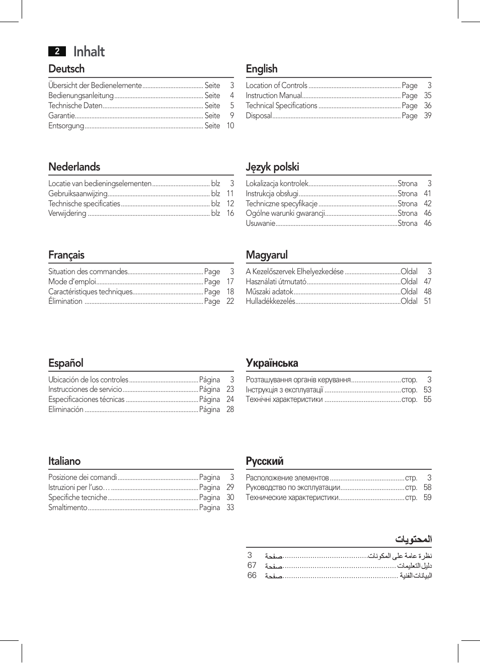 Inhalt, Deutsch, Nederlands | Français, Español, Italiano, English, Język polski, Magyarul, Українська | AEG PW 5644 FA User Manual | Page 2 / 70