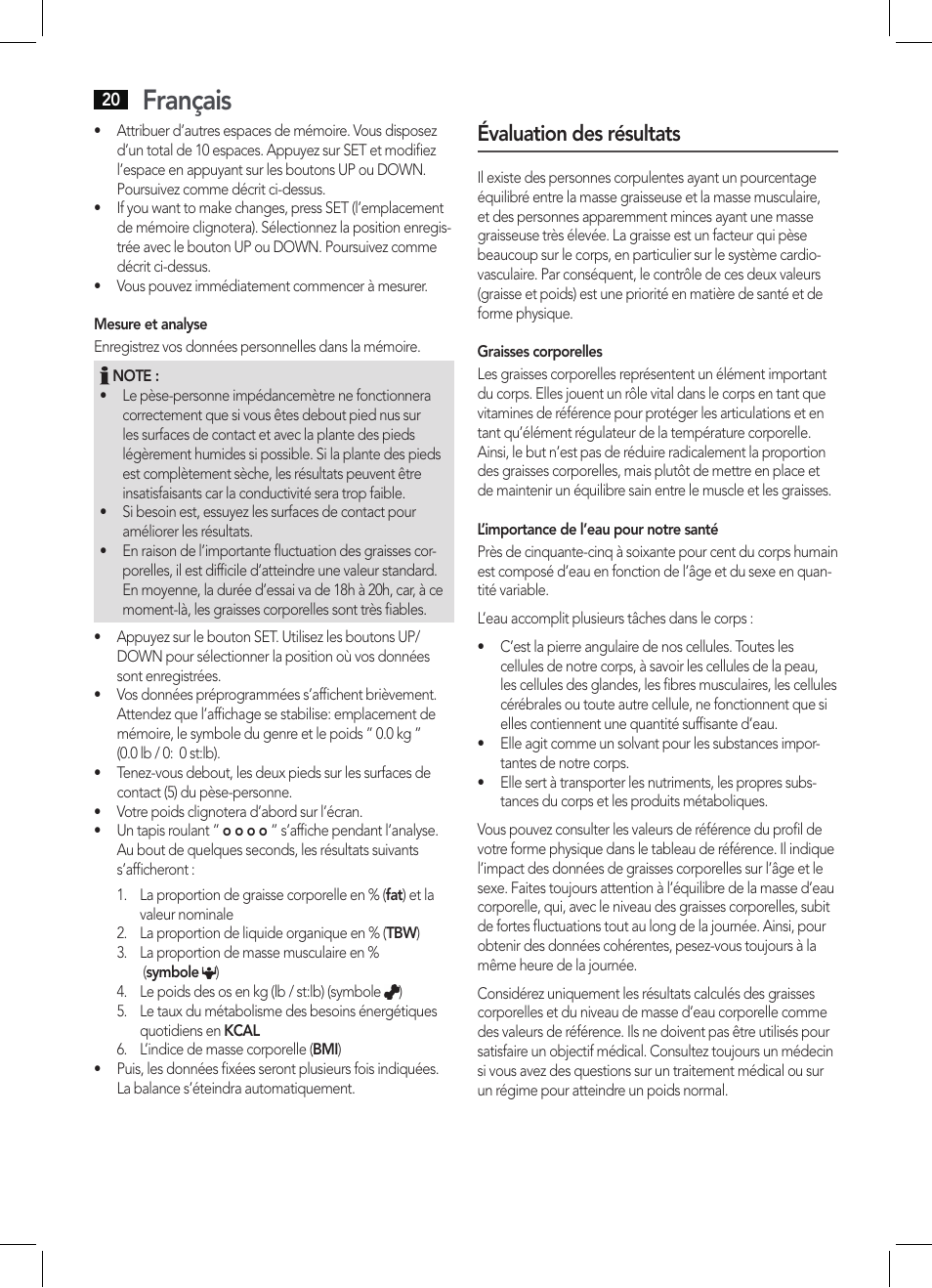 Français, Évaluation des résultats | AEG PW 5644 FA User Manual | Page 20 / 70