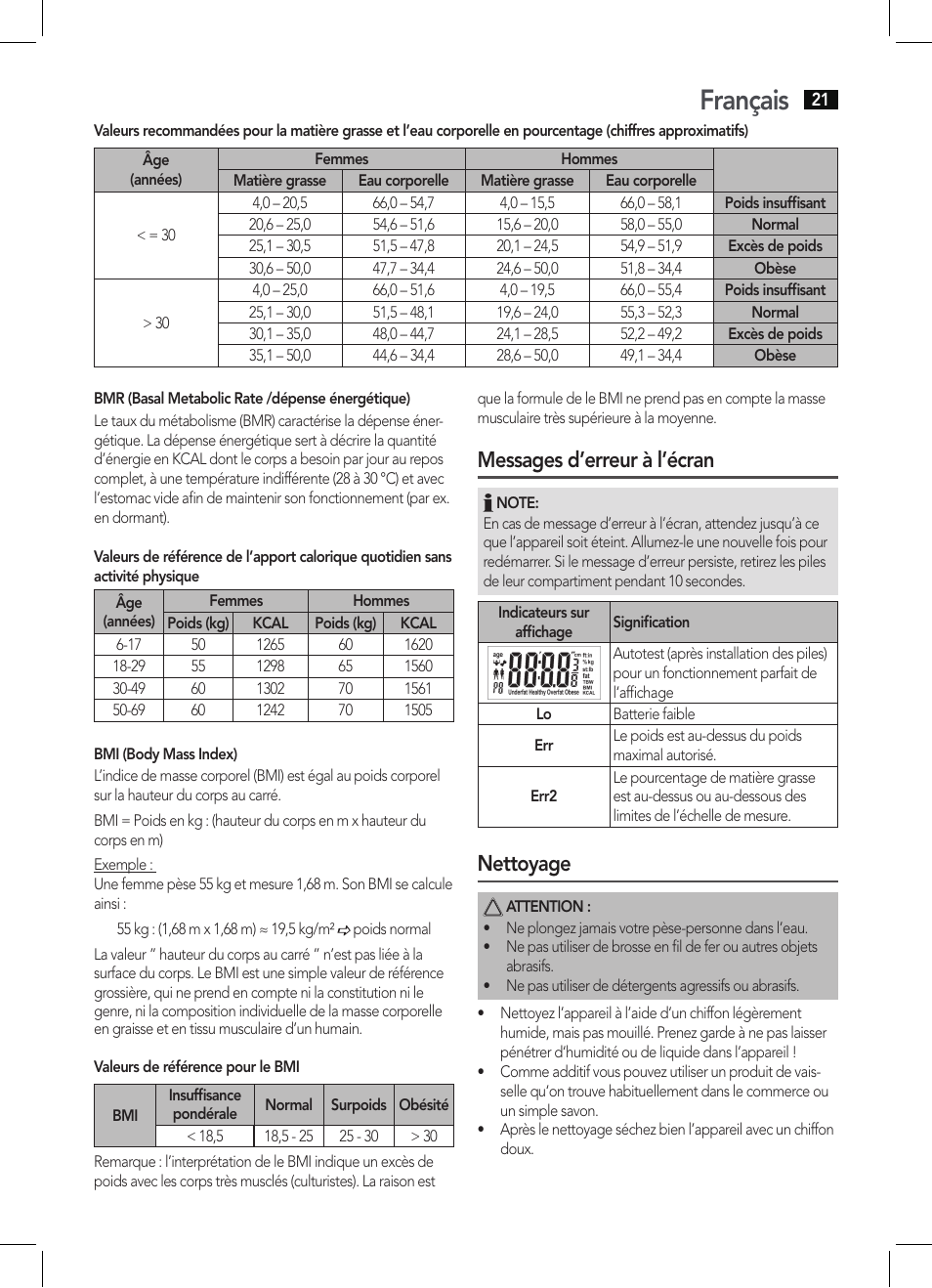 Français, Messages d’erreur à l’écran, Nettoyage | AEG PW 5644 FA User Manual | Page 21 / 70