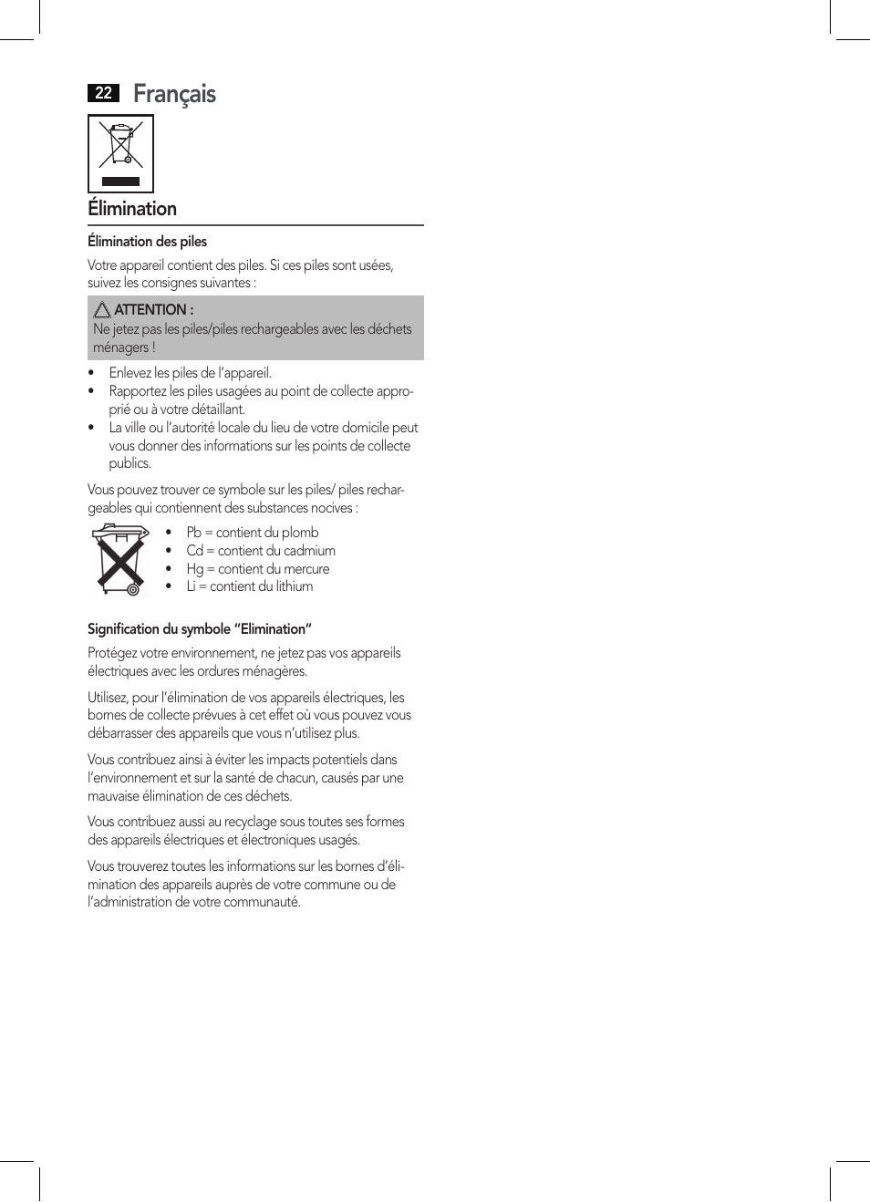 Français, Élimination | AEG PW 5644 FA User Manual | Page 22 / 70