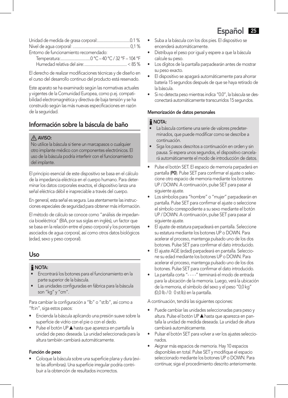 Español, Información sobre la báscula de baño | AEG PW 5644 FA User Manual | Page 25 / 70