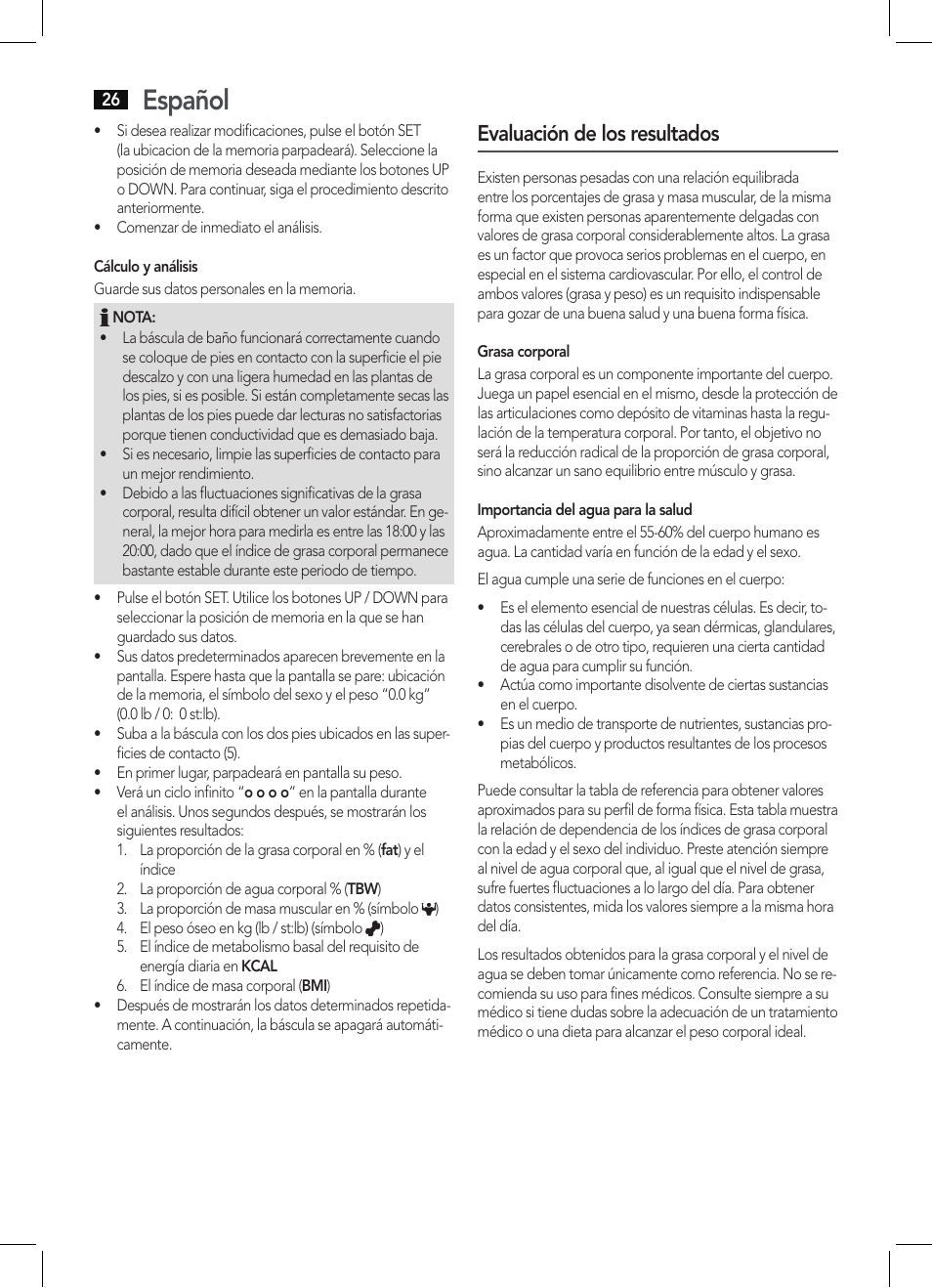 Español, Evaluación de los resultados | AEG PW 5644 FA User Manual | Page 26 / 70