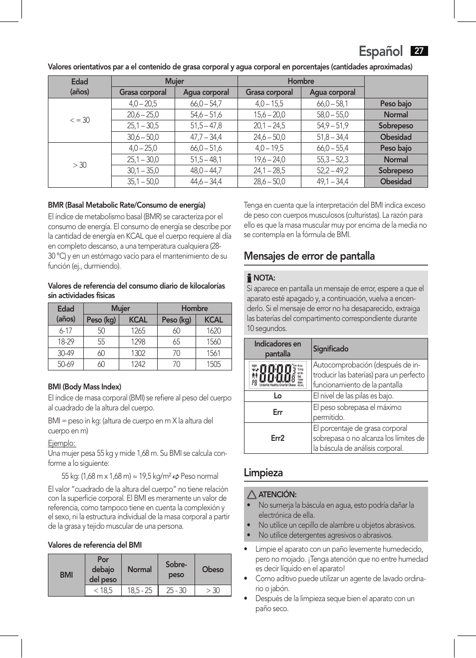 Español, Mensajes de error de pantalla, Limpieza | AEG PW 5644 FA User Manual | Page 27 / 70