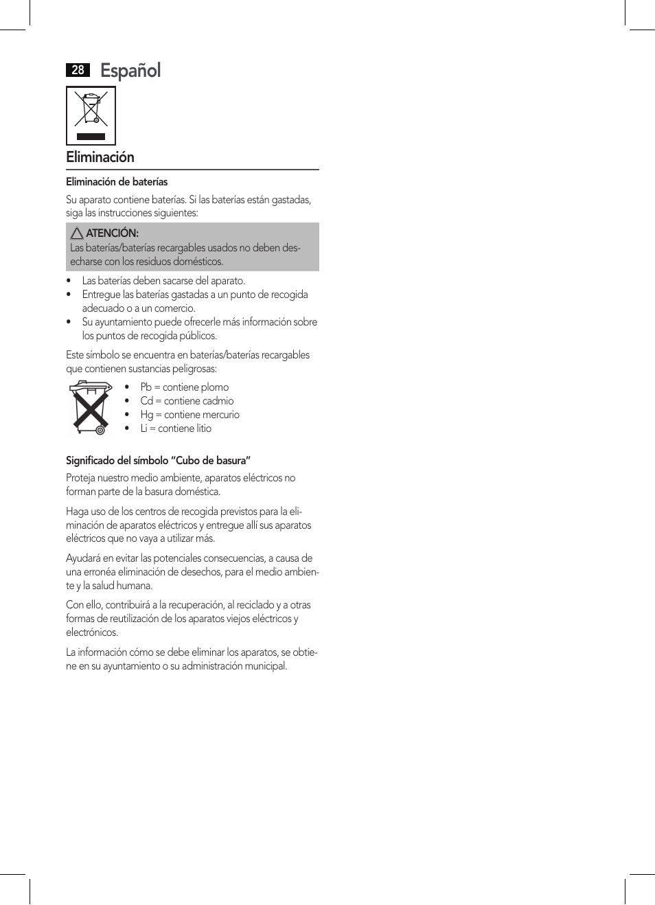 Español, Eliminación | AEG PW 5644 FA User Manual | Page 28 / 70