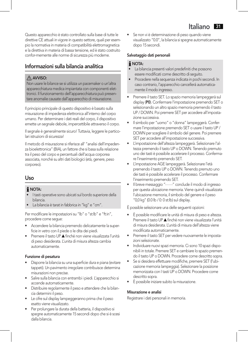 Italiano, Informazioni sulla bilancia analitica | AEG PW 5644 FA User Manual | Page 31 / 70