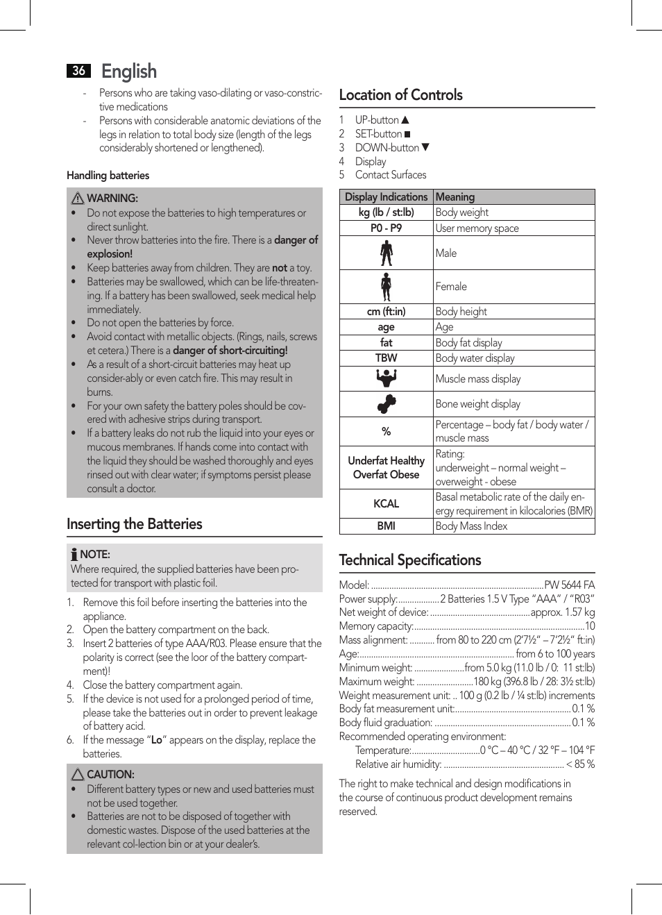 English, Inserting the batteries, Location of controls | Technical specifications | AEG PW 5644 FA User Manual | Page 36 / 70