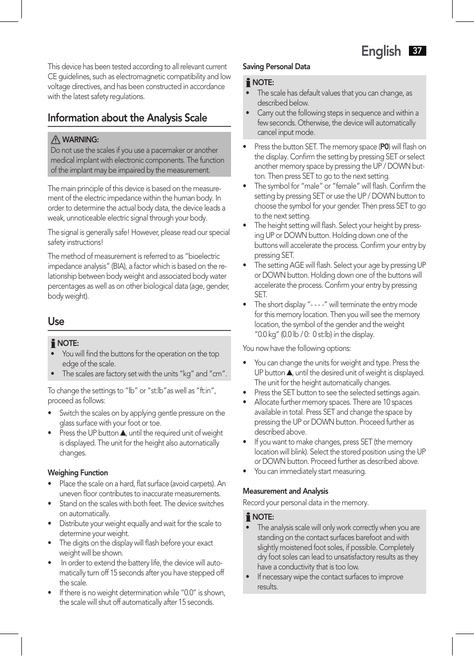 English, Information about the analysis scale | AEG PW 5644 FA User Manual | Page 37 / 70