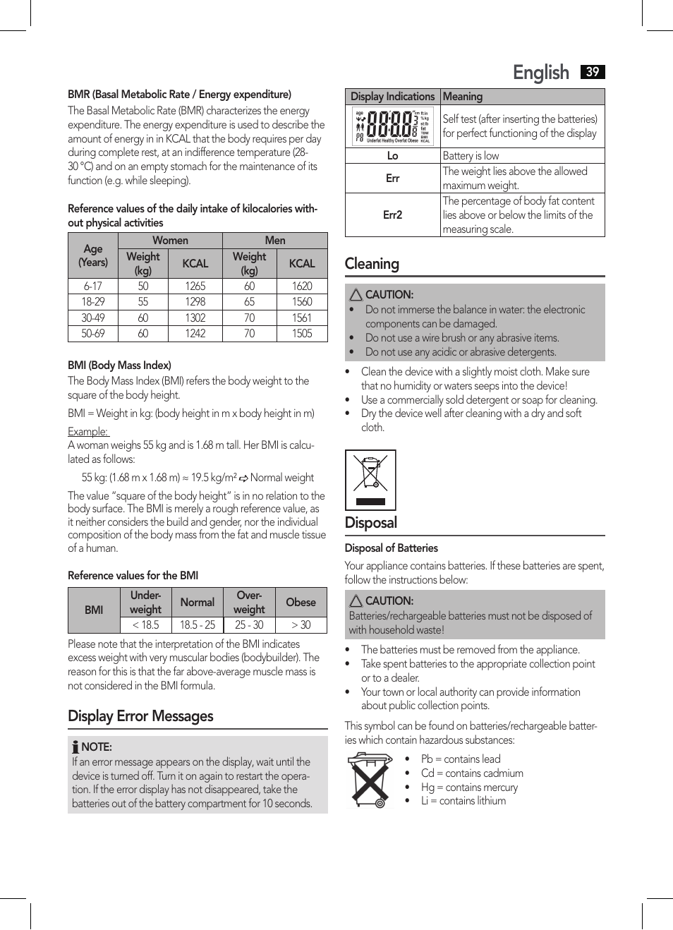 English, Display error messages, Cleaning | Disposal | AEG PW 5644 FA User Manual | Page 39 / 70