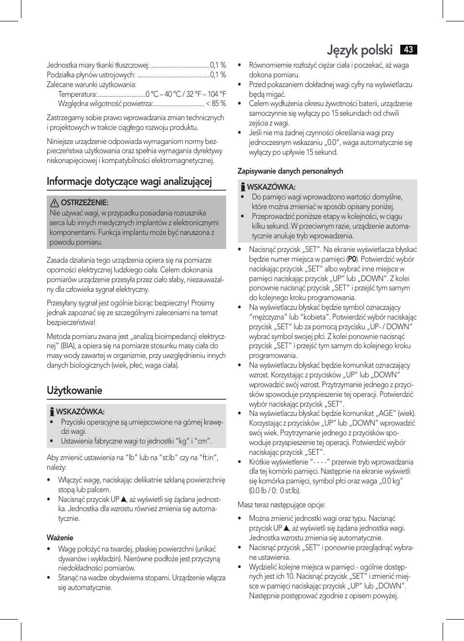 Język polski, Informacje dotyczące wagi analizującej, Użytkowanie | AEG PW 5644 FA User Manual | Page 43 / 70