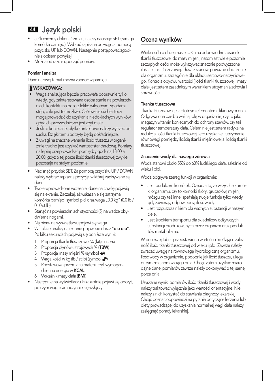 Język polski, Ocena wyników | AEG PW 5644 FA User Manual | Page 44 / 70