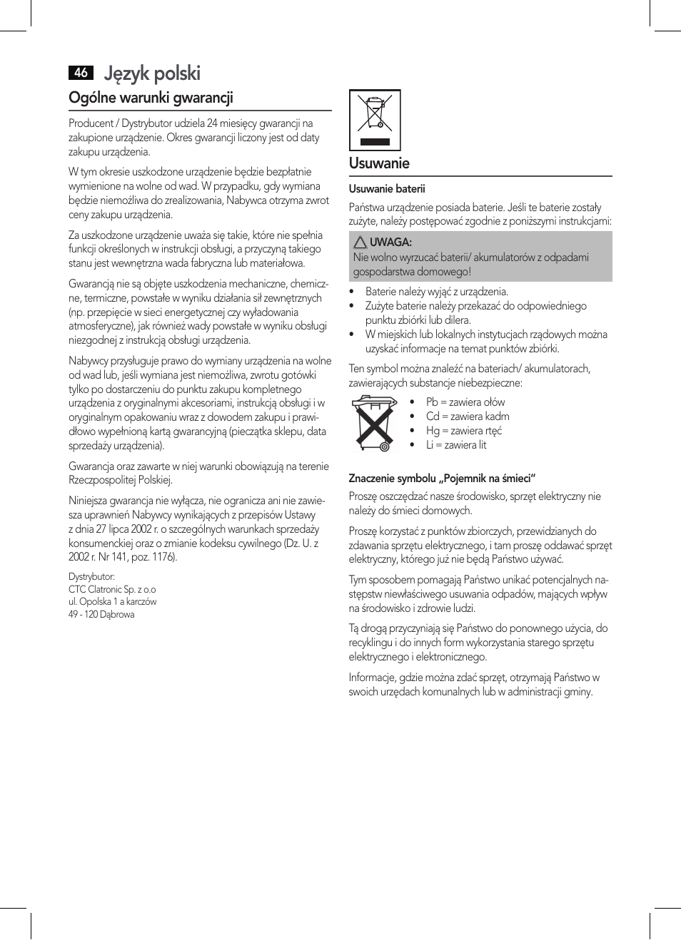 Język polski, Ogólne warunki gwarancji, Usuwanie | AEG PW 5644 FA User Manual | Page 46 / 70