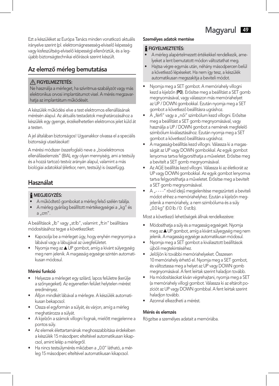 Magyarul, Az elemző mérleg bemutatása, Használat | AEG PW 5644 FA User Manual | Page 49 / 70