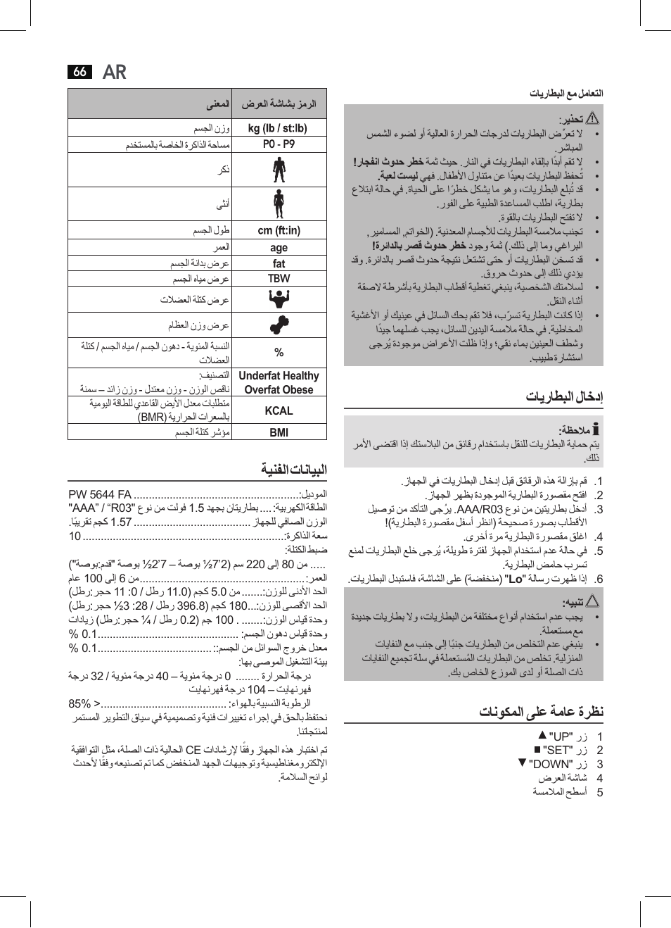 تايراطبلا لاخدإ, تانوكملا ىلع ةماع ةرظن, ةينفلا تانايبلا | AEG PW 5644 FA User Manual | Page 66 / 70