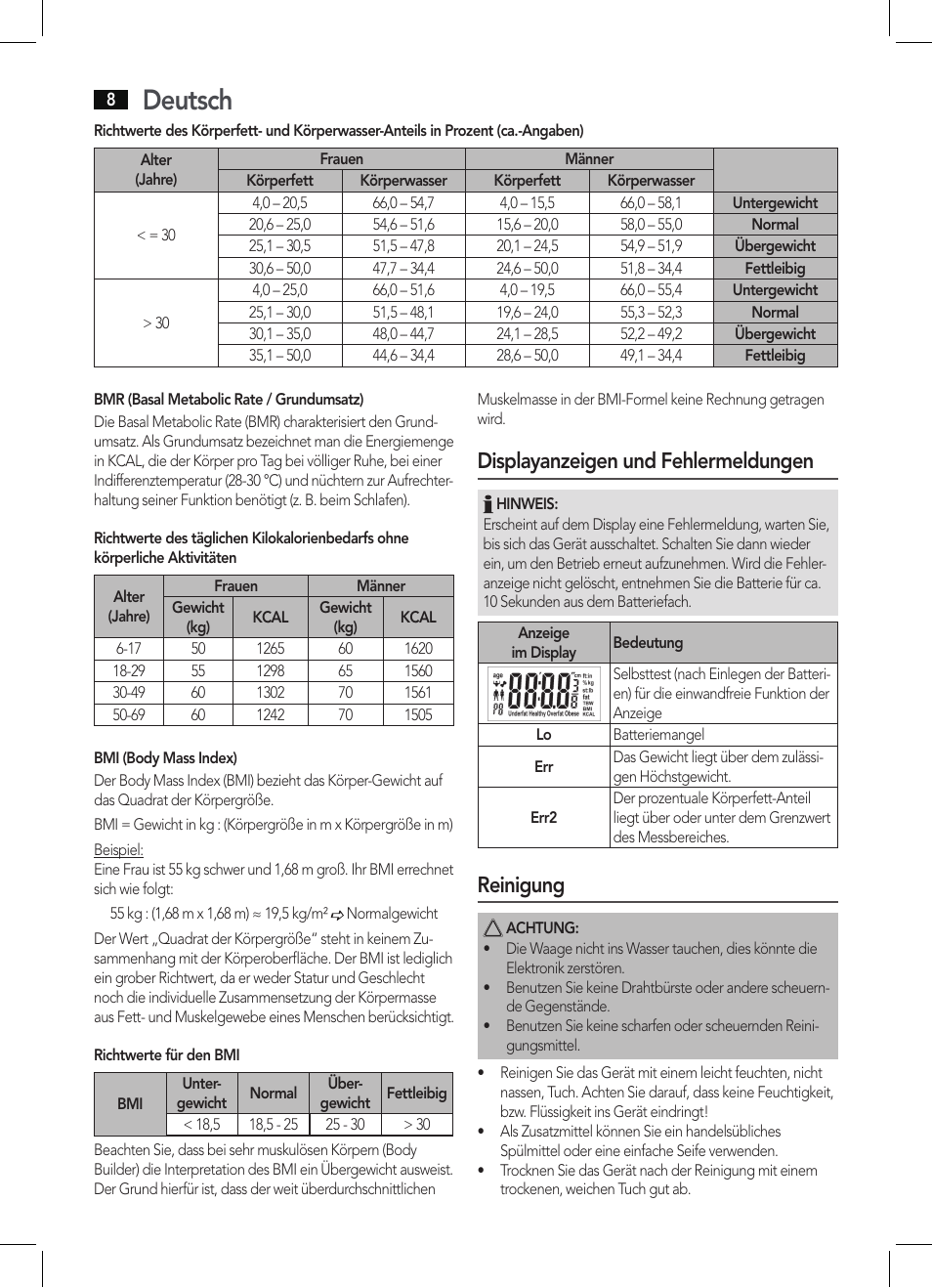 Deutsch, Displayanzeigen und fehlermeldungen, Reinigung | AEG PW 5644 FA User Manual | Page 8 / 70