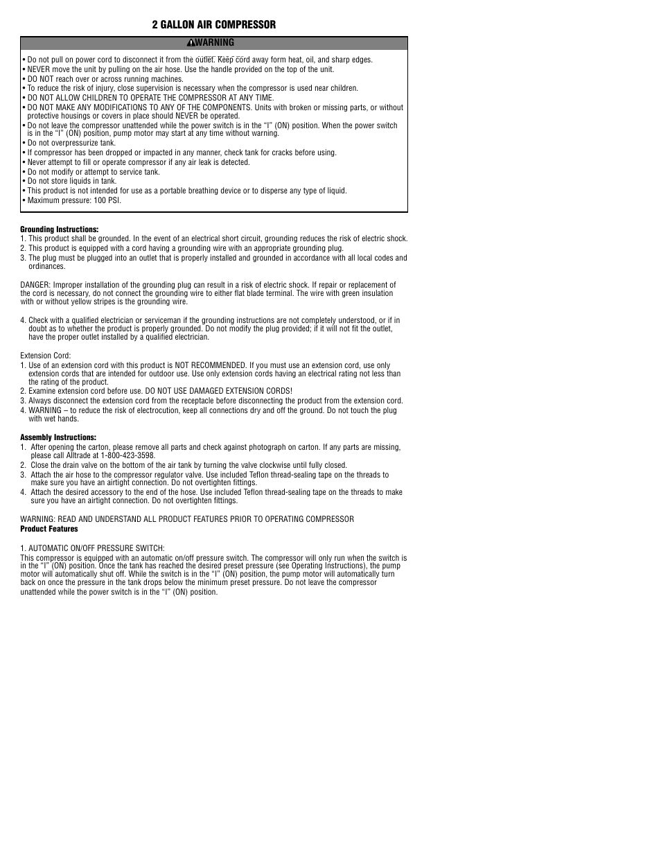 2 gallon air compressor | AllTrade 830211 User Manual | Page 2 / 4