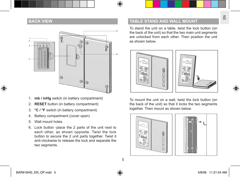 Back view, Table stand and wall mount | AllTrade BAR916HG User Manual | Page 5 / 29