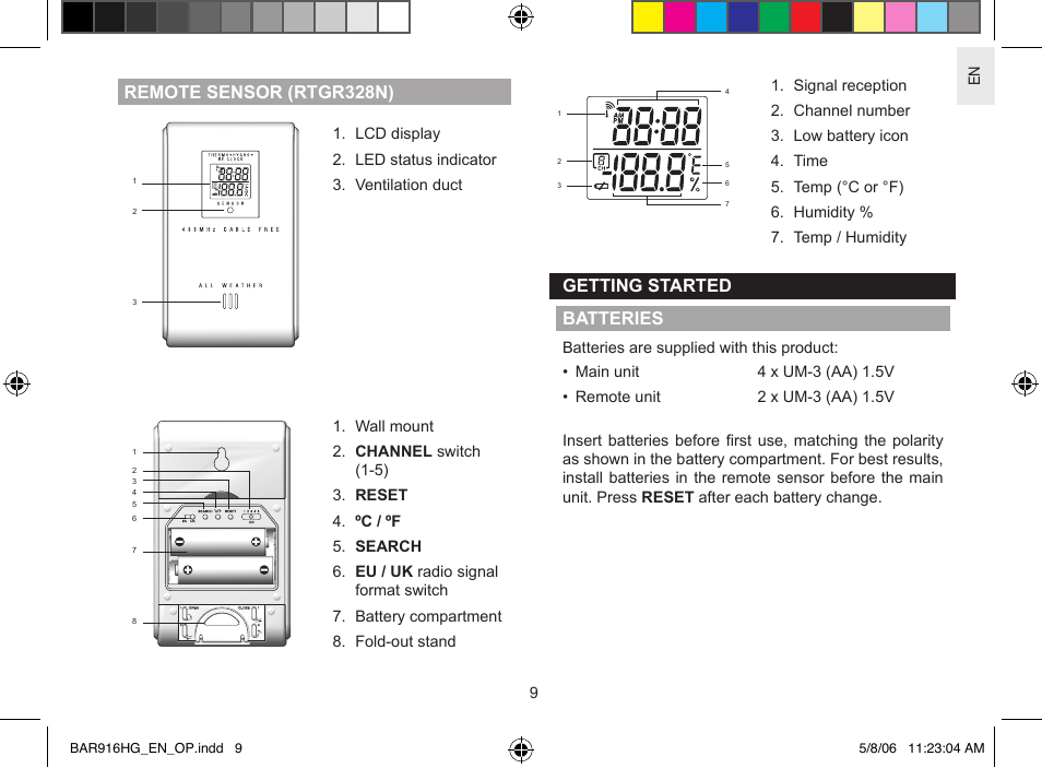 Remote sensor (rtgr328n), Getting started batteries, En 9 | AllTrade BAR916HG User Manual | Page 9 / 29