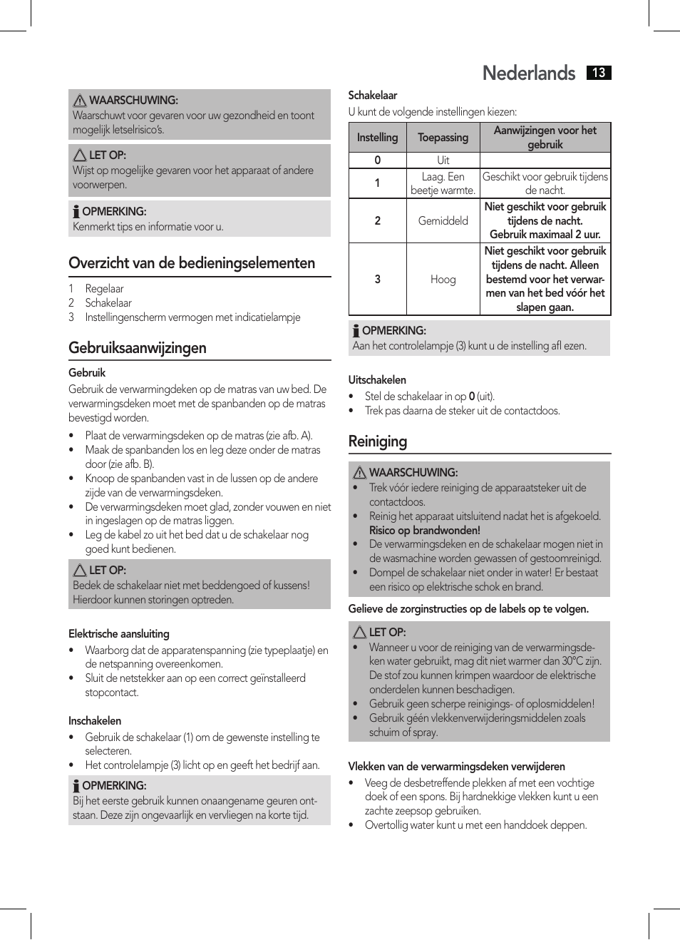 Nederlands, Overzicht van de bedieningselementen, Gebruiksaanwijzingen | Reiniging | AEG WUB 5511 User Manual | Page 13 / 66