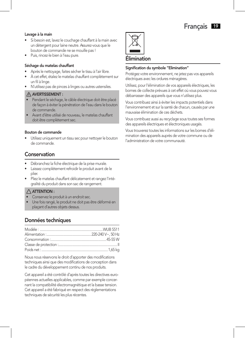 Français, Conservation, Données techniques | Élimination | AEG WUB 5511 User Manual | Page 19 / 66