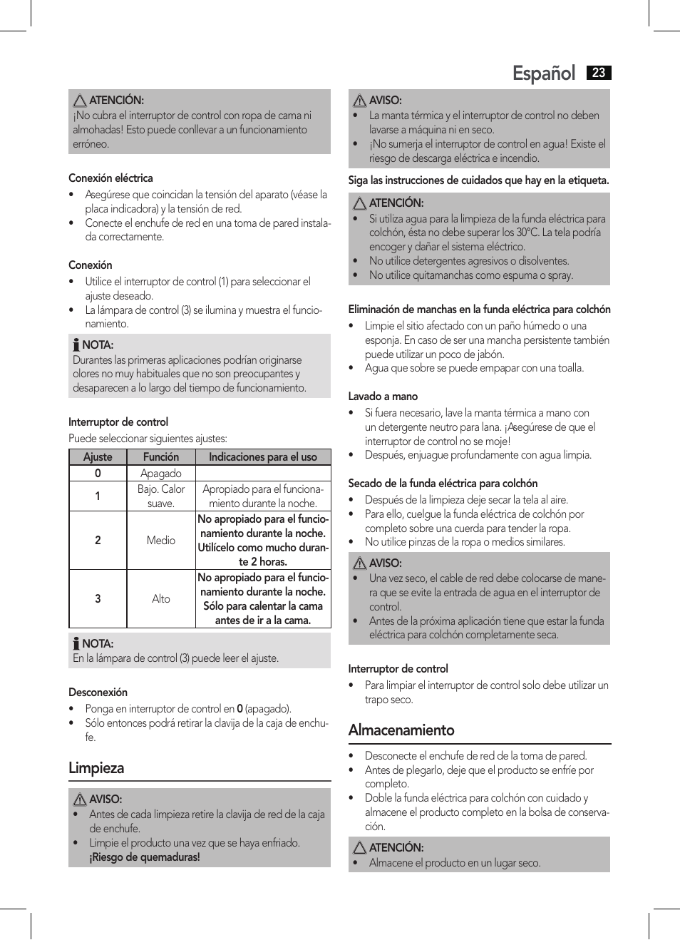 Español, Limpieza, Almacenamiento | AEG WUB 5511 User Manual | Page 23 / 66