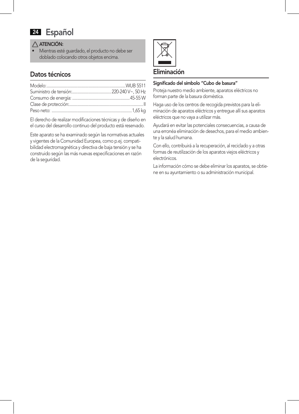 Español | AEG WUB 5511 User Manual | Page 24 / 66