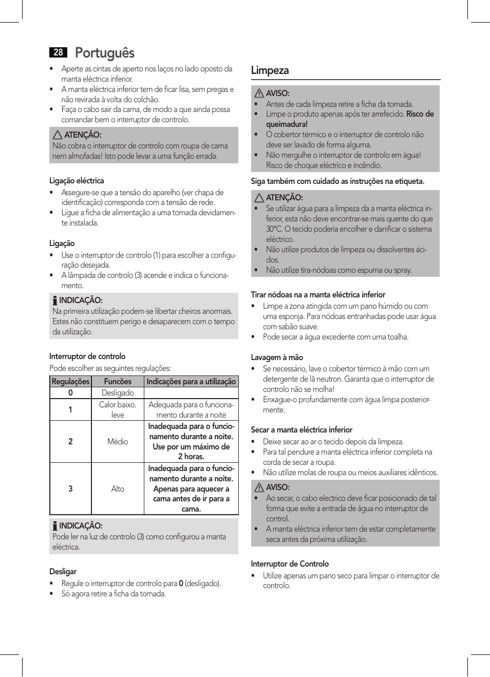 Português, Limpeza | AEG WUB 5511 User Manual | Page 28 / 66