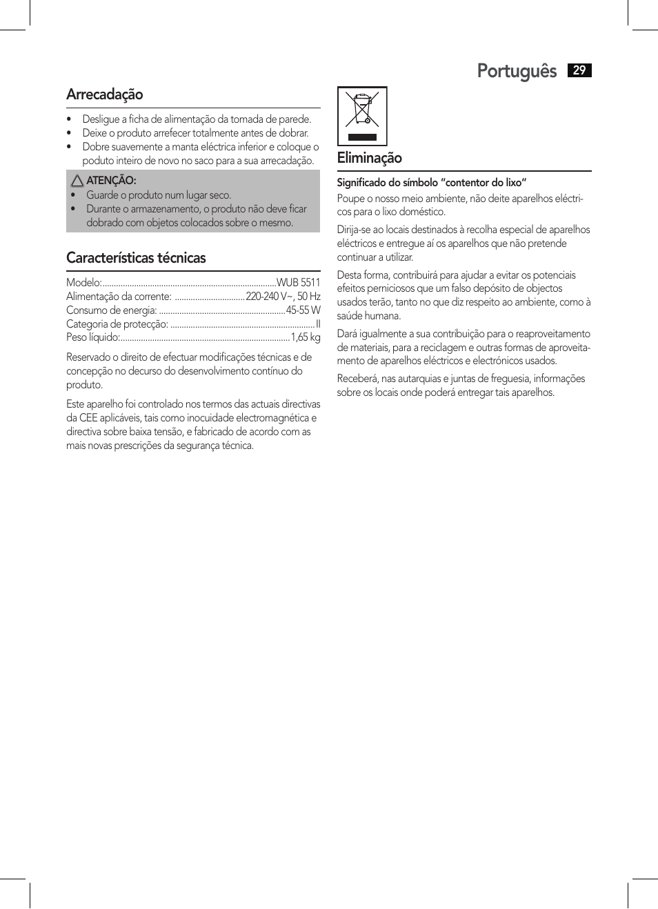 Português | AEG WUB 5511 User Manual | Page 29 / 66