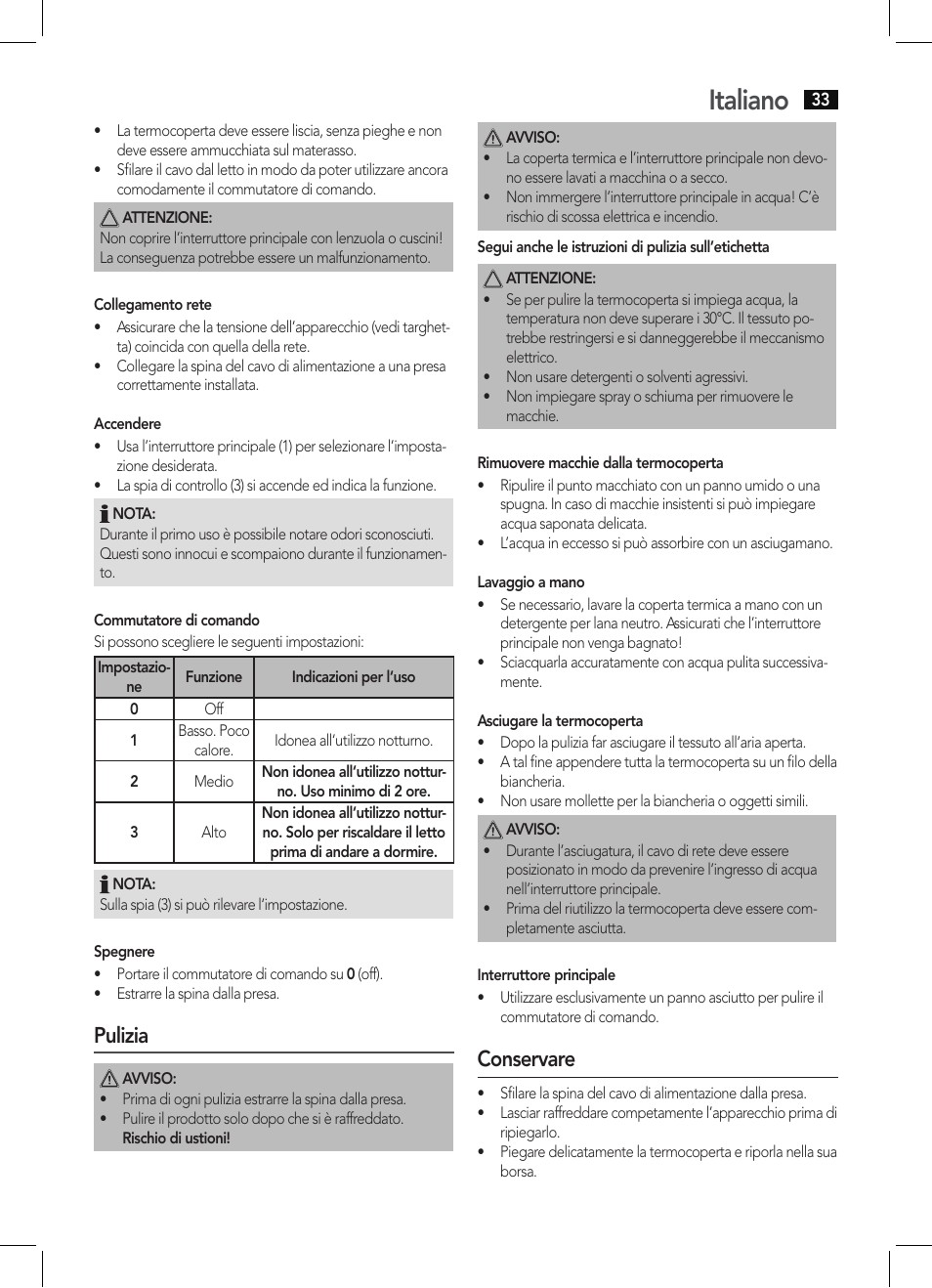 Italiano, Pulizia, Conservare | AEG WUB 5511 User Manual | Page 33 / 66