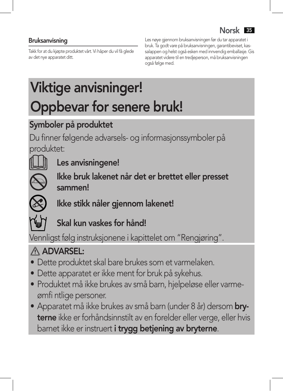 Viktige anvisninger! oppbevar for senere bruk | AEG WUB 5511 User Manual | Page 35 / 66