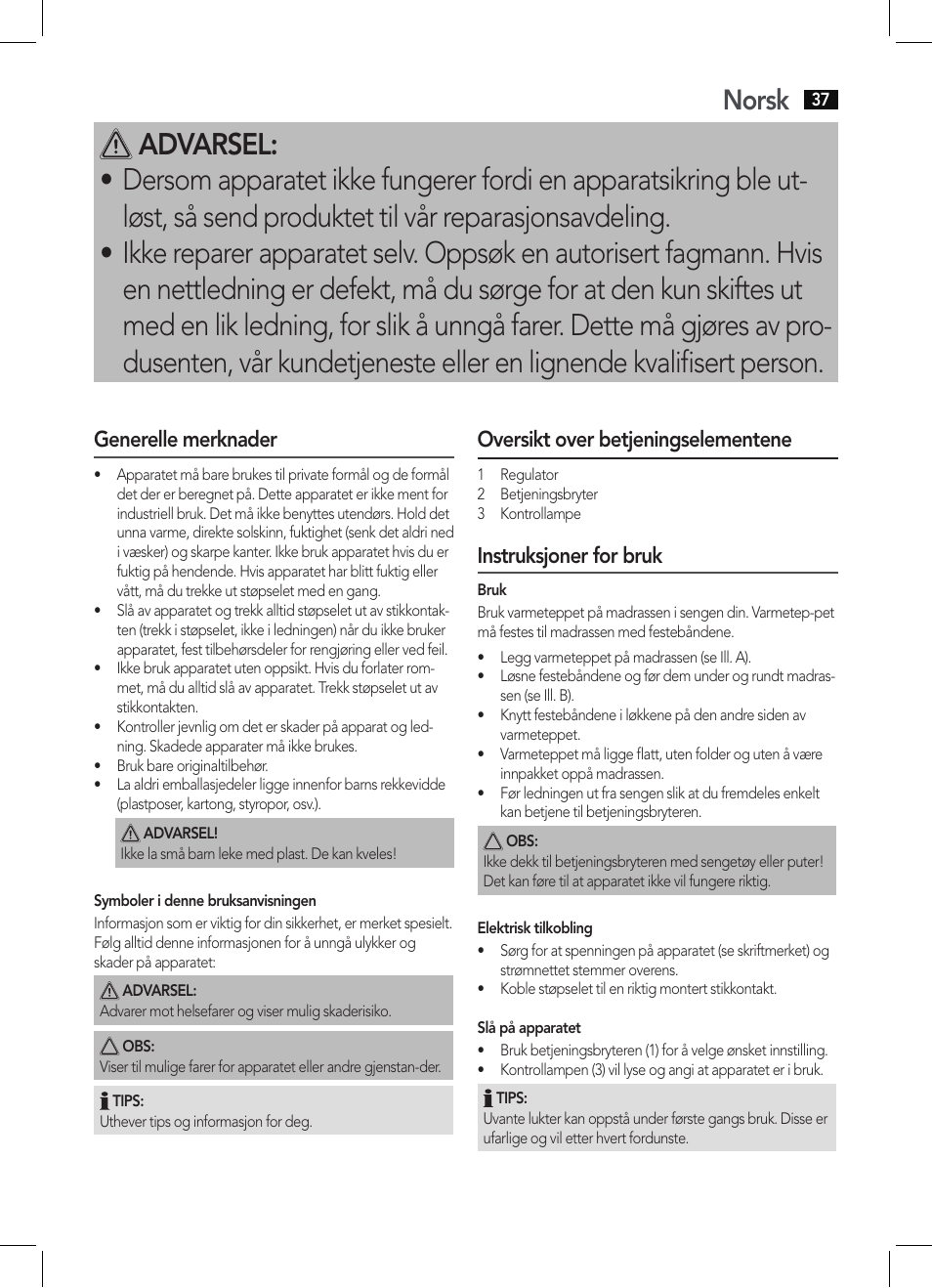 Norsk, Generelle merknader, Oversikt over betjeningselementene | Instruksjoner for bruk | AEG WUB 5511 User Manual | Page 37 / 66