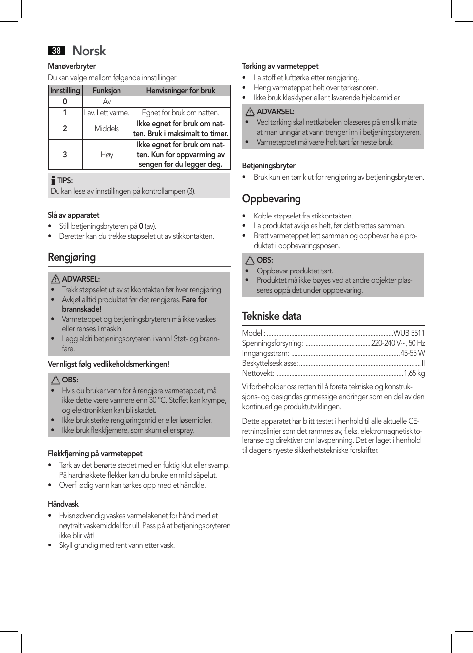 Norsk, Rengjøring, Oppbevaring | Tekniske data | AEG WUB 5511 User Manual | Page 38 / 66