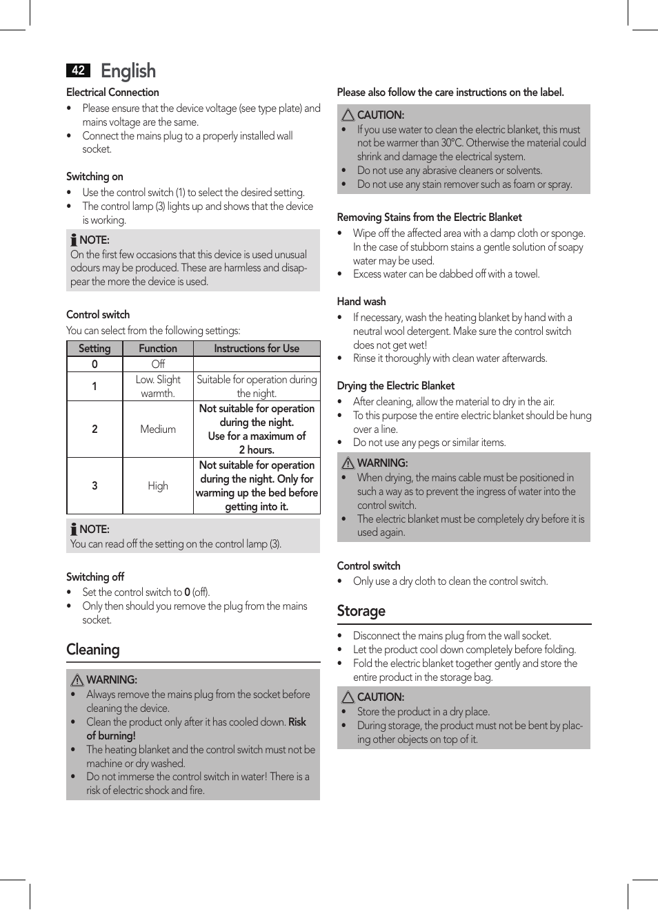 English, Cleaning, Storage | AEG WUB 5511 User Manual | Page 42 / 66