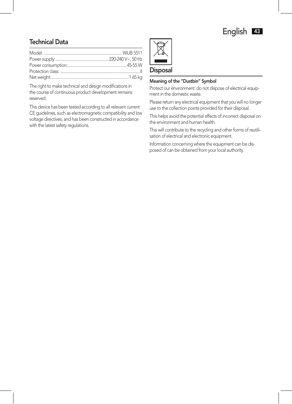 English | AEG WUB 5511 User Manual | Page 43 / 66