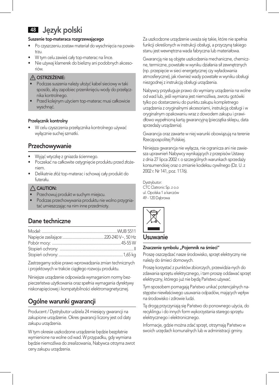 Język polski, Przechowywanie, Dane techniczne | Ogólne warunki gwarancji, Usuwanie | AEG WUB 5511 User Manual | Page 48 / 66