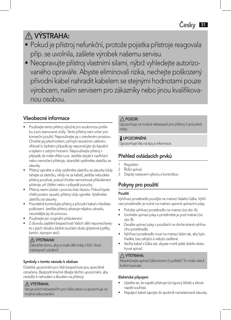 Česky, Všeobecné informace, Přehled ovládacích prvků | Pokyny pro použití | AEG WUB 5511 User Manual | Page 51 / 66