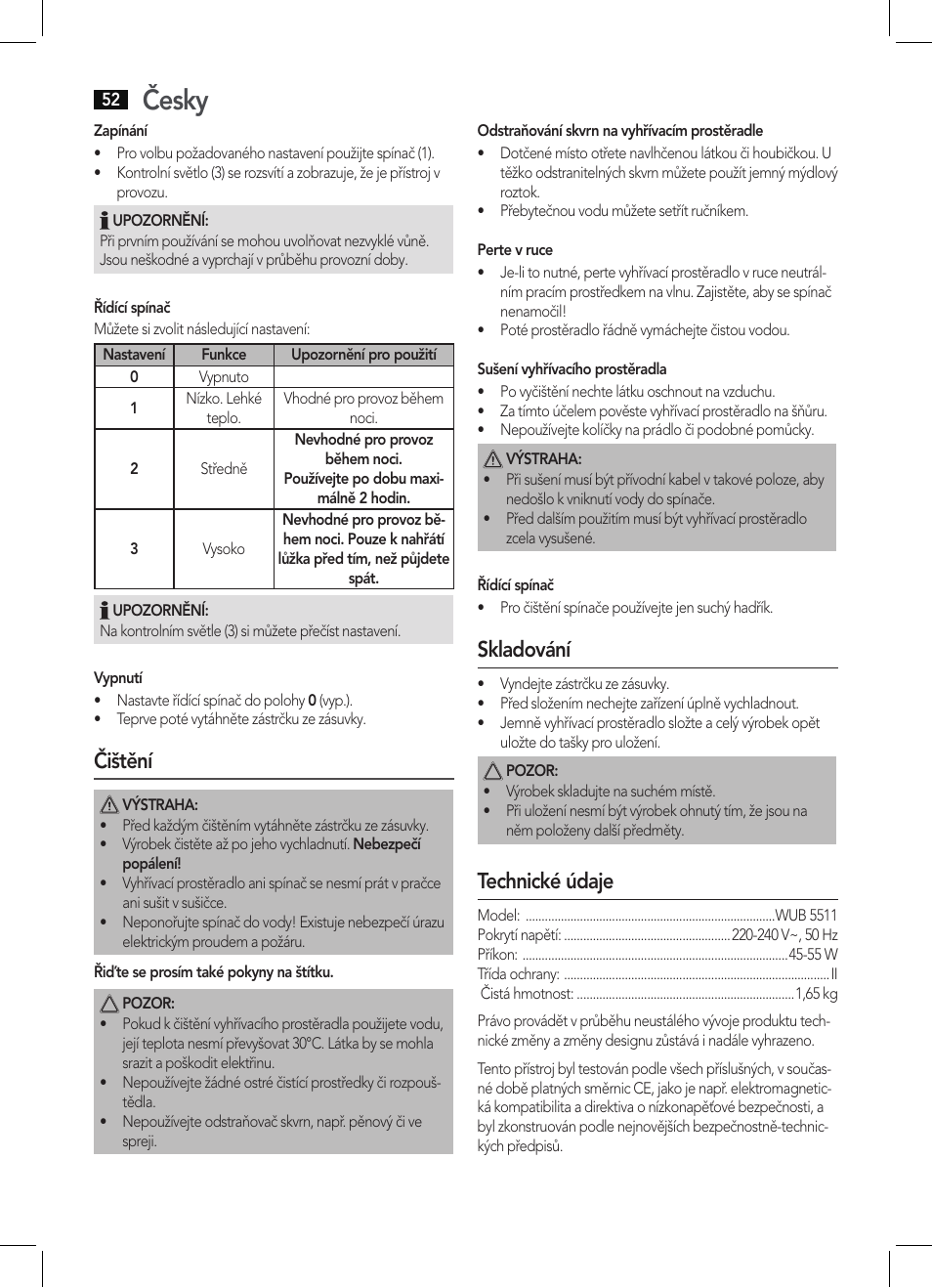 Česky, Čištění, Skladování | Technické údaje | AEG WUB 5511 User Manual | Page 52 / 66