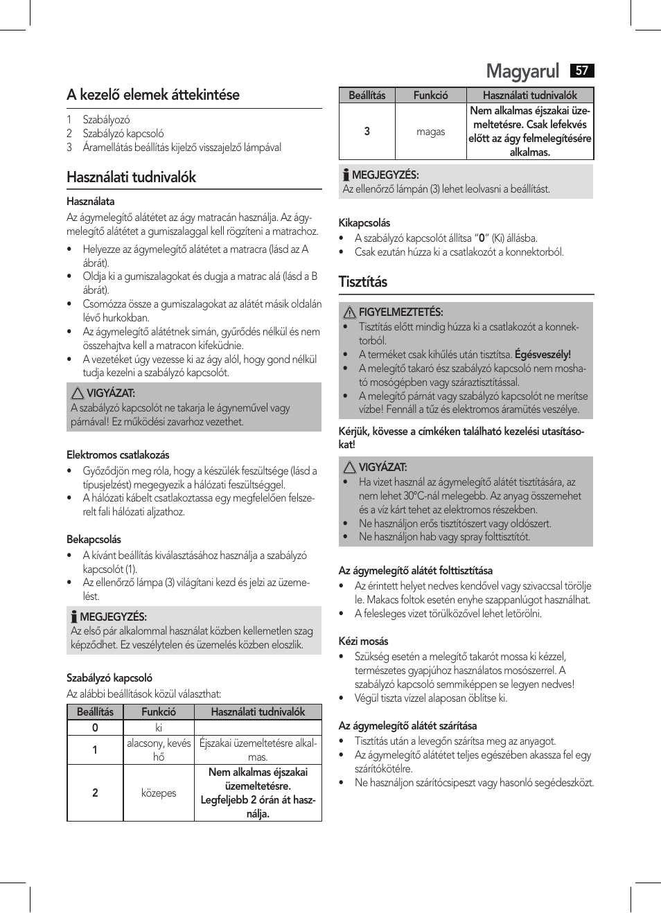 Magyarul, A kezelő elemek áttekintése, Használati tudnivalók | Tisztítás | AEG WUB 5511 User Manual | Page 57 / 66