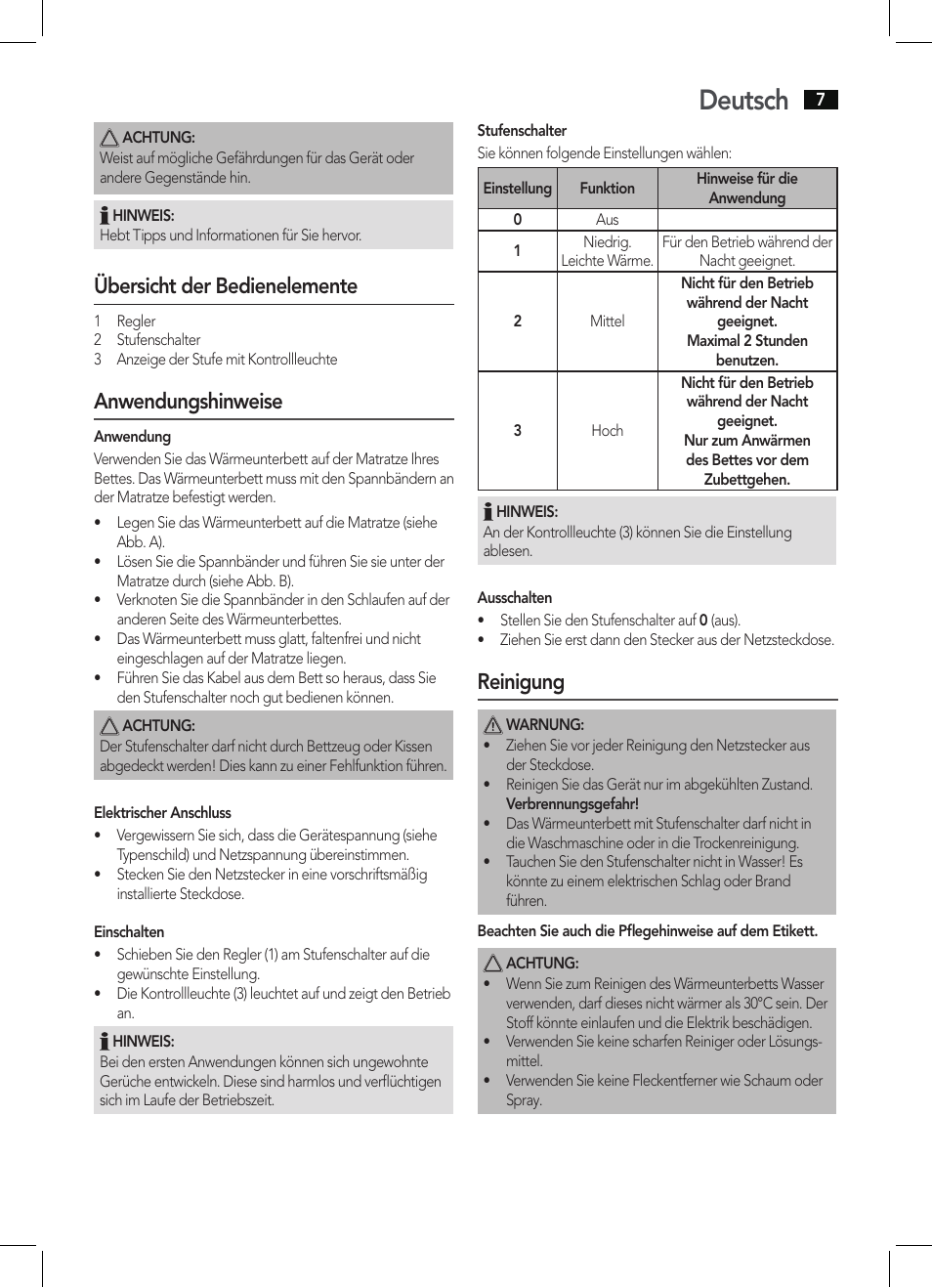 Deutsch, Übersicht der bedienelemente, Anwendungshinweise | Reinigung | AEG WUB 5511 User Manual | Page 7 / 66