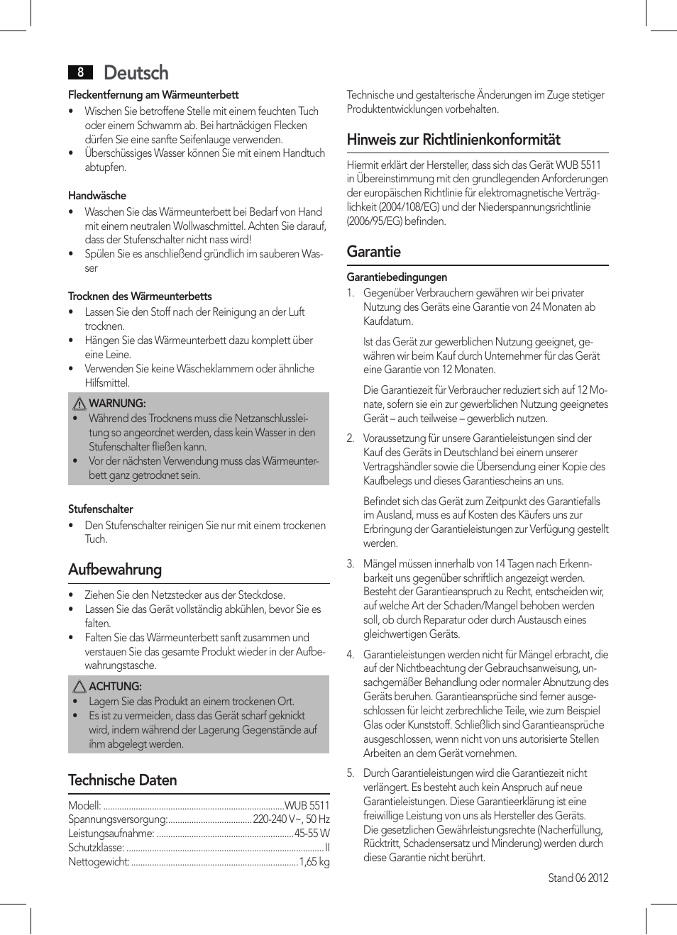 Deutsch, Aufbewahrung, Technische daten | Hinweis zur richtlinienkonformität, Garantie | AEG WUB 5511 User Manual | Page 8 / 66