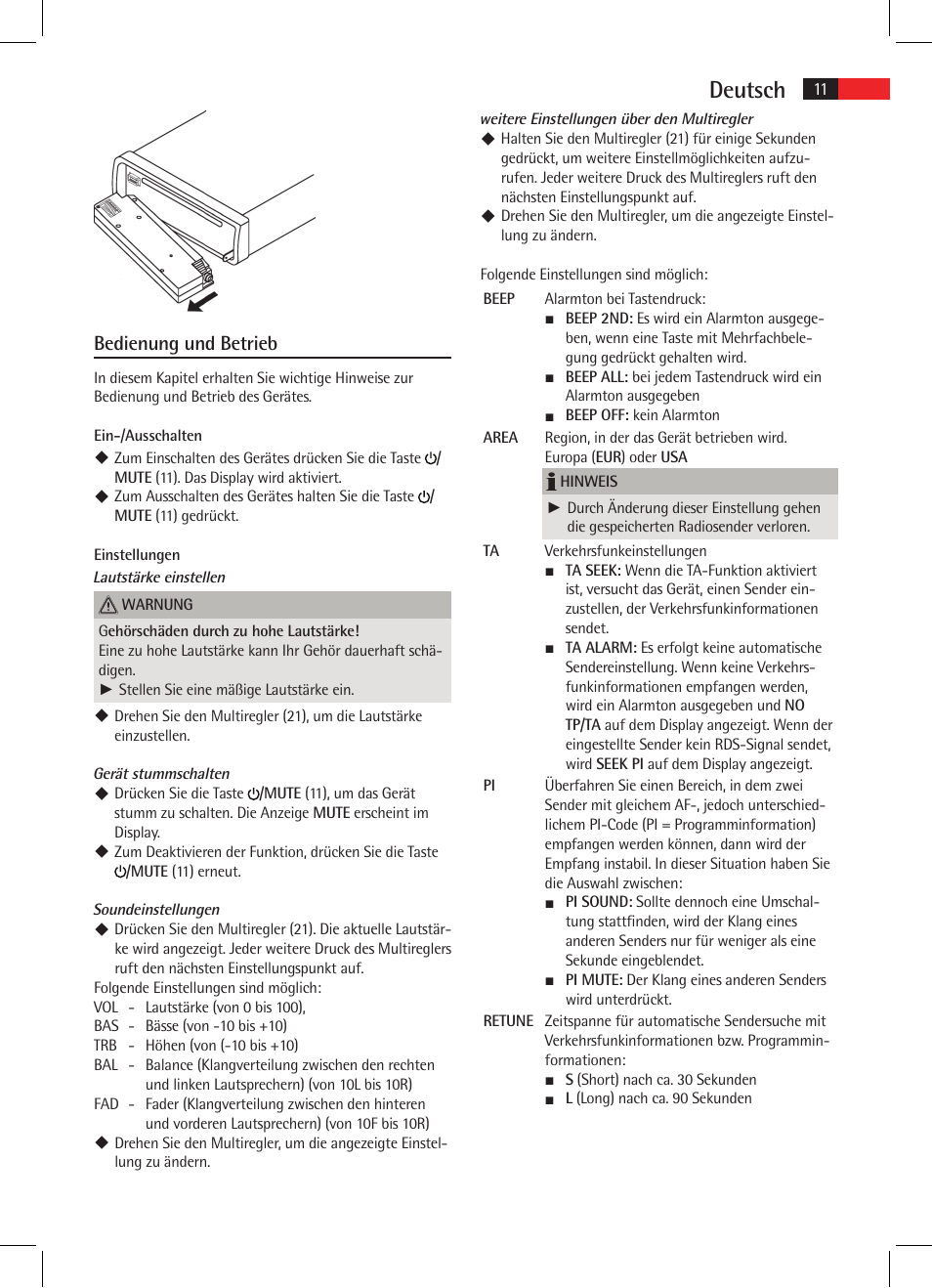 Deutsch, Bedienung und betrieb | AEG AR 4020 User Manual | Page 11 / 90