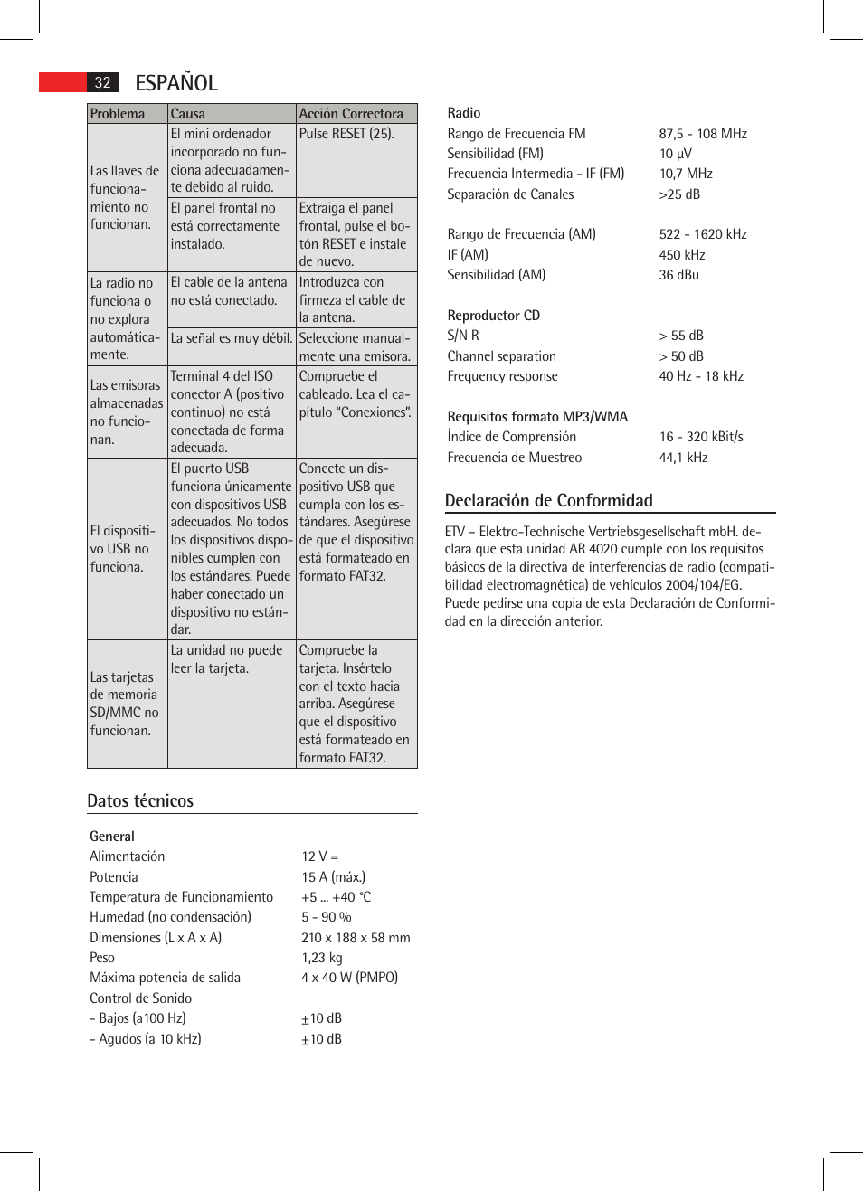 Español, Datos técnicos, Declaración de conformidad | AEG AR 4020 User Manual | Page 32 / 90