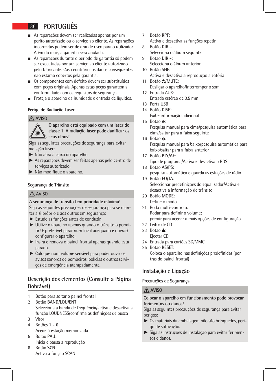 Português, Instalação e ligação | AEG AR 4020 User Manual | Page 36 / 90