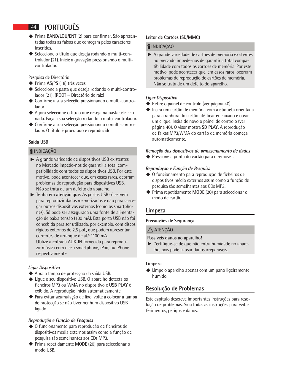 Português, Limpeza, Resolução de problemas | AEG AR 4020 User Manual | Page 44 / 90